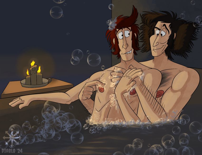 2024 bara barazoku bath bathing bubbles candlelight candles diabloafterdark digital_drawing_(artwork) digital_media_(artwork) dilf donald_(thomas_and_friends) donald_the_scottish_twin duck_(thomas_and_friends) duck_the_great_western_engine gay gijinka male naked nipple_fetish nipple_play nude romantic_ambiance romantic_couple thomas_and_friends twink twink_and_daddy yaoi