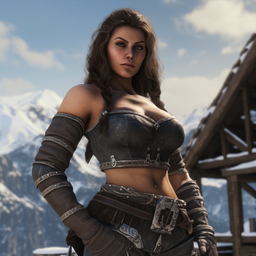 3d ai_generated armor big_lips brown_eyes brown_hair cleavage dark-skin dark-skinned_female exposed_midriff exposed_shoulders eyebrows female_focus large_breasts long_hair looking_at_viewer majorfluffy midriff nord red_guard skyrim solo solo_female tagme