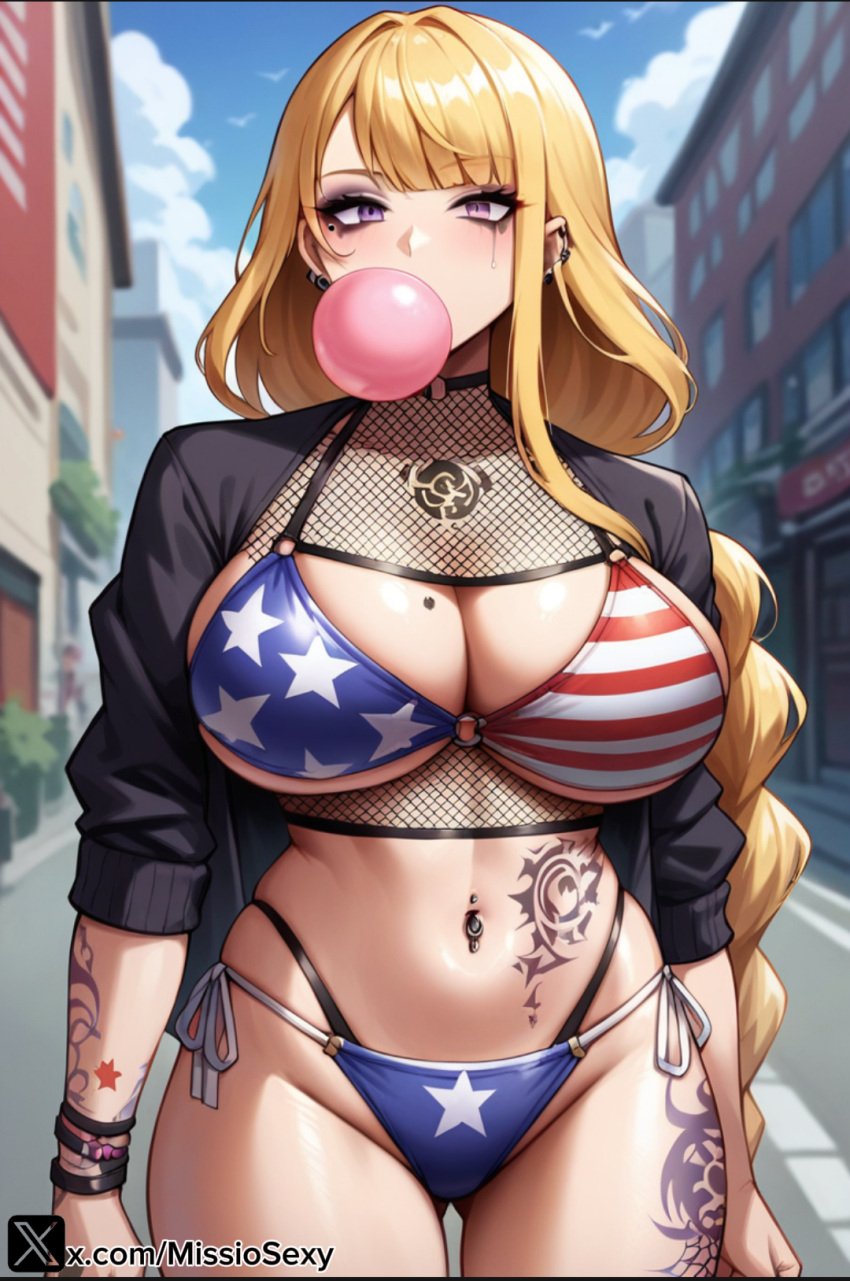 1girls 4th_of_july ai_generated american_flag american_flag_bikini american_flag_legwear big_breasts bikini bikini_top bubble_blowing bubble_gum chewing_gum cowgirl_position female female genshin_impact gum gyaru milf miss_io raiden_shogun tattoo tattoo_on_arm