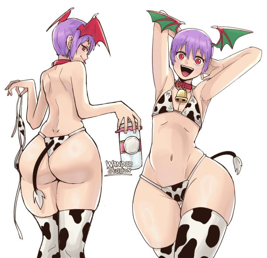 1girls ass capcom cow_bikini cow_print cowbell darkstalkers female female_only flat_chest happy head_wings hi_res lilith_aensland looking_at_viewer open_mouth purple_hair red_eyes smiling smiling_at_viewer solo succubus thick_ass thick_thighs wanderjegson white_background wings