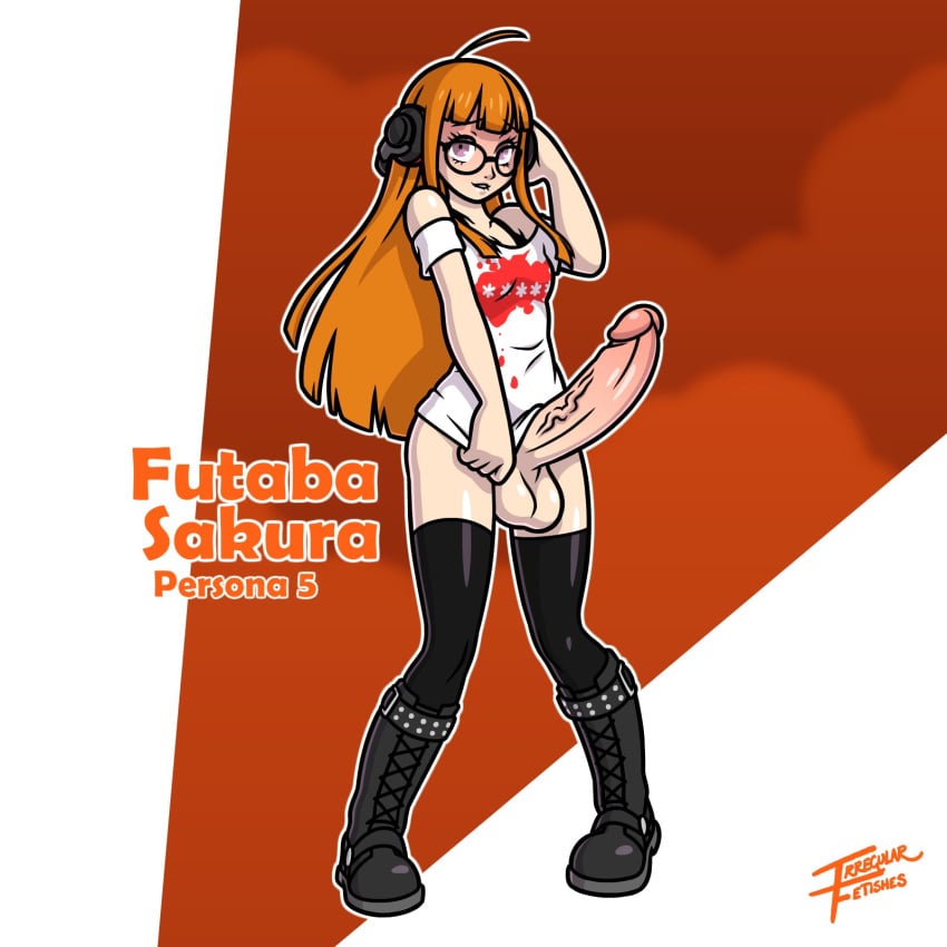 1futa balls bangs bottomless breasts clothed clothing erection futa_only futanari huge_cock human irregular_fetishes large_penis light-skinned_futanari light_skin long_hair orange_hair partially_clothed penis persona persona_5 sakura_futaba shirt solo standing testicles thighhighs