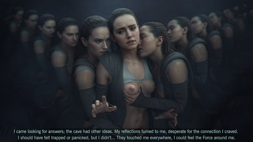 areola areolae breast_grab breasts_out clone clonecest daisy_ridley digital_media_(artwork) drdabblur groping open_mouth photorealistic realistic rey selfcest small_breasts source_filmmaker star_wars subtitled sweat sweaty tagme text threesome trio yuri