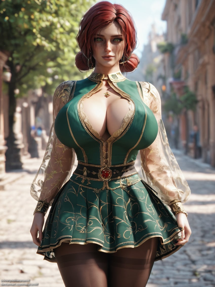 ai_generated big_breasts breasts clothing curvy_female female freckles light-skinned_female looking_at_viewer neuromilf pantyhose red_hair solo the_witcher_(series) the_witcher_3:_wild_hunt triss_merigold