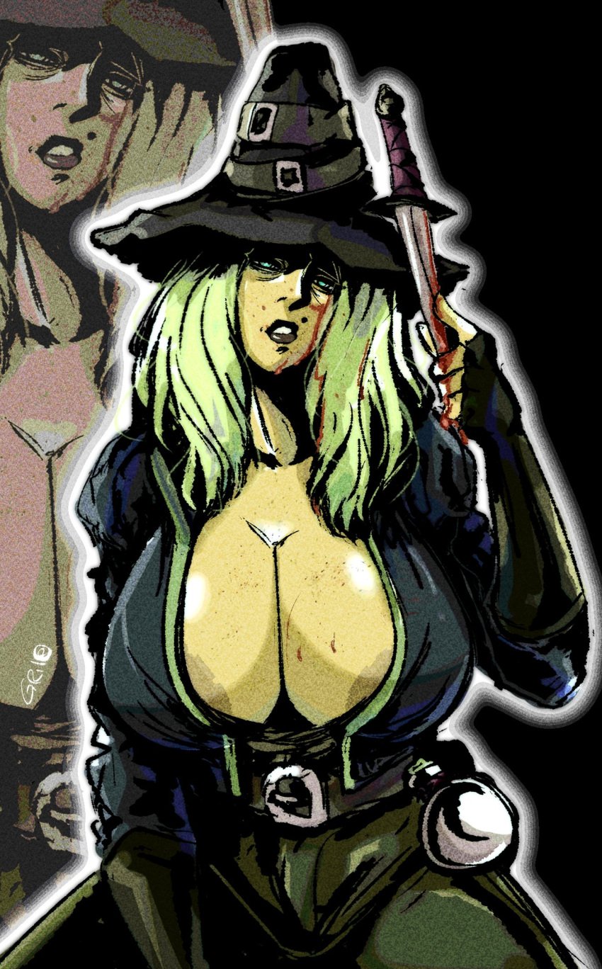 1girls 2024 areolae big_breasts blonde_hair blood breasts darkest_dungeon female grave_robber_(darkest_dungeon) green_eyes hat hi_res huge_breasts knife open_shirt solidusgrilo