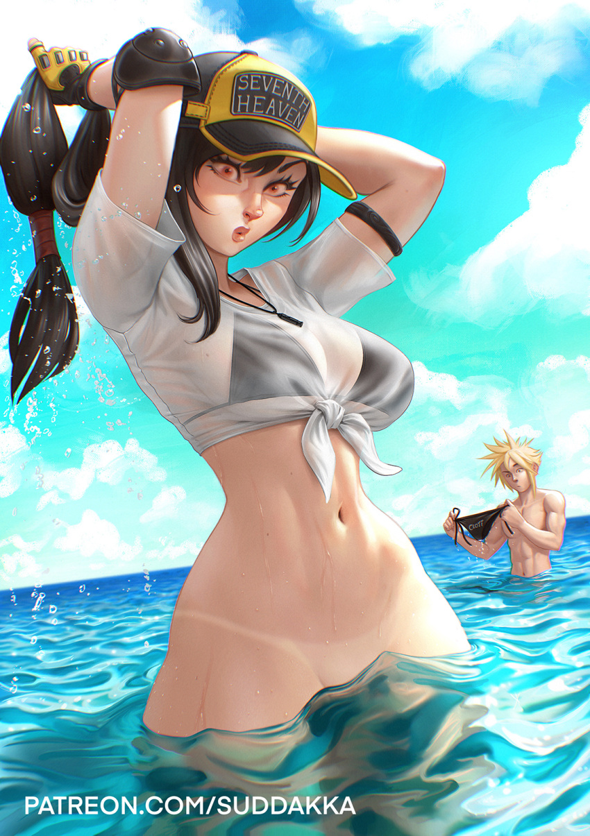 beach big_breasts bikini_bottom black_bikini brown_hair cloud_strife embarrassed_nude_female enf final_fantasy final_fantasy_vii gloves ocean pussy suddakka tanline tifa_lockhart