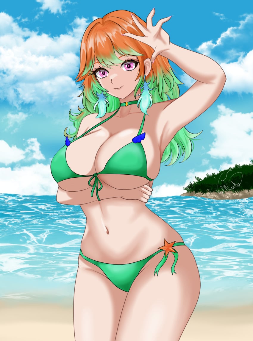 1girls 2d 2d_(artwork) alternate_breast_size alternate_costume arm_under_breasts beach belly_button big_breasts bikini bikini_bottom bikini_top bra cleavage clouds day female female_focus female_only front_view green_bikini green_bikini_bottom green_bikini_top green_hair green_swimsuit high_resolution highres hololive hololive_english hololive_myth hourglass_figure huge_breasts light-skinned_female light_skin long_hair looking_at_viewer multicolored_hair navel ocean orange_hair outdoors purple_eyes sand sky slim_girl smiling smiling_at_viewer solo solo_female solo_focus standing summer swimsuit takanashi_kiara thong thong_bikini two_piece_swimsuit two_tone_hair valneeko virtual_youtuber vtuber vtuberfanart water young younger_female