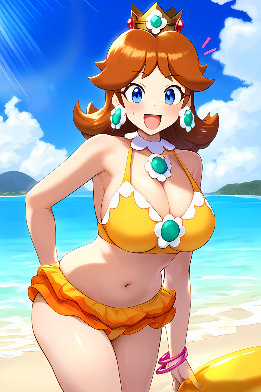 ai_generated beach bikini mario_(series) novelai princess_daisy smiling_at_viewer swimsuit