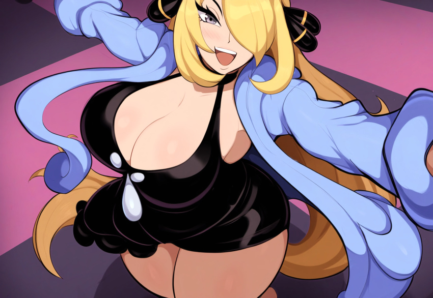 ai_generated alternate_costume blonde_hair cleavage coat cynthia_(pokemon) female huge_breasts mullon novelai pokemon pokemon_dppt smile thick_thighs