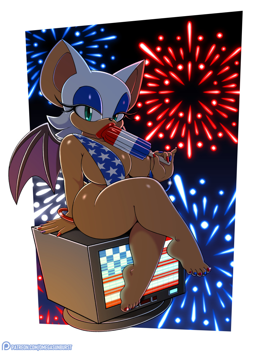 1girls 4th_of_july american_flag_bikini blue_eyeshadow color colored female female_only fireworks green_eyes high_resolution highres line_art looking_at_viewer omegasunburst painted_fingernails painted_nails painted_toenails patreon patreon_logo patreon_username popsicle rouge_the_bat shortstack sling_bikini sling_swimsuit slingshot_bikini slingshot_swimsuit solo solo_female solo_focus sonic_(series) sonic_the_hedgehog_(series) sucking_popsicle swimsuit swimwear watermark white_fur