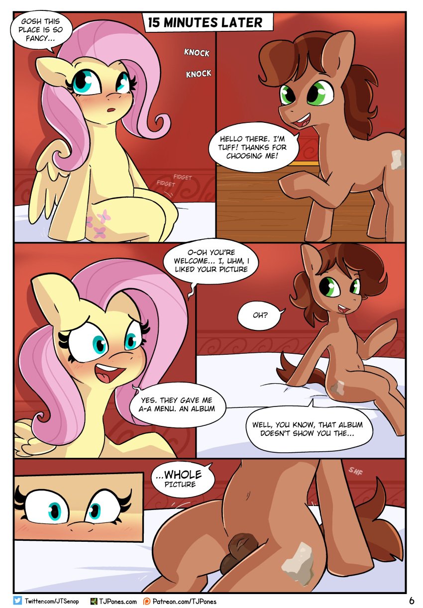 2024 absurd_res balls bed bedroom blue_eyes blush brown_body brown_fur brown_hair colored cutie_mark dialogue duo earth_pony embarrassed english_text equid equine eyebrows eyelashes female feral fluttershy_(mlp) friendship_is_magic fur furniture genitals green_eyes greeting hair hasbro hi_res horse imminent_sex male male/female mammal my_little_pony mythological_creature mythological_equine mythology navel open_mouth open_smile pegasus penis pink_hair pony smile speech_bubble text tjpones tuff_(oc) url wings yellow_body yellow_fur