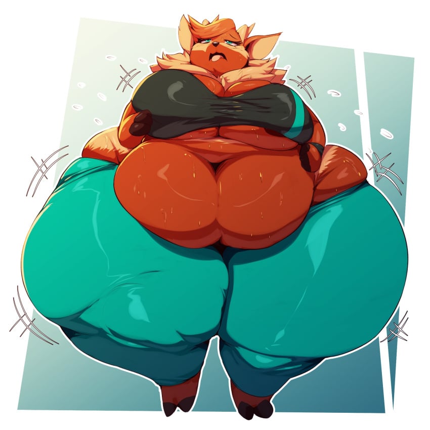 1:1 antelope anthro ass belly big_belly big_breasts big_butt blue_eyes bodily_fluids bongo_(antelope) bottomwear bovid bovine bra breasts brown_body brown_fur brown_nose cinnamon_(wackywalrus270) clothing deep_navel exercise exhausted female fur hi_res hooves huge_belly huge_butt huge_hips mammal morbidly_obese motion_lines navel neck_tuft obese open_mouth overweight pants simple_background solo spiral-horned_antelope striped_body striped_fur stripes sweat sweatpants tan_body tan_fur thick_thighs tired tired_eyes tongue tongue_out trinity-fate62 tuft underwear wide_hips