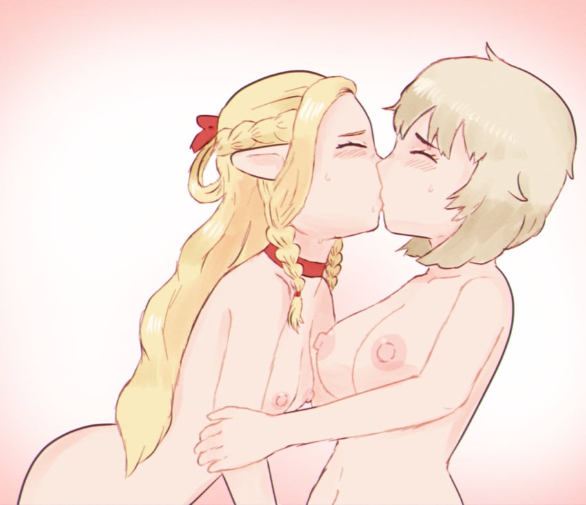 2girls ass blonde_female blonde_hair bobcheez breasts closed_eyes dungeon_meshi elf elf_female falin_touden fanon_couple female female_only implied_fingering kissing marcille_donato multiple_girls nude yuri