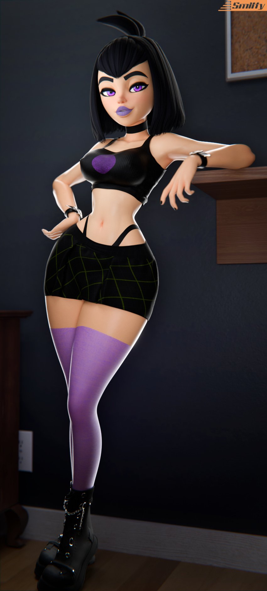 3d 3d_(artwork) alternate_version_available black_hair choker danny_phantom goth_girl lipstick nickelodeon nipples_visible_through_clothing purple_eyes purple_lipstick purple_stockings sam_manson smitty34 thong