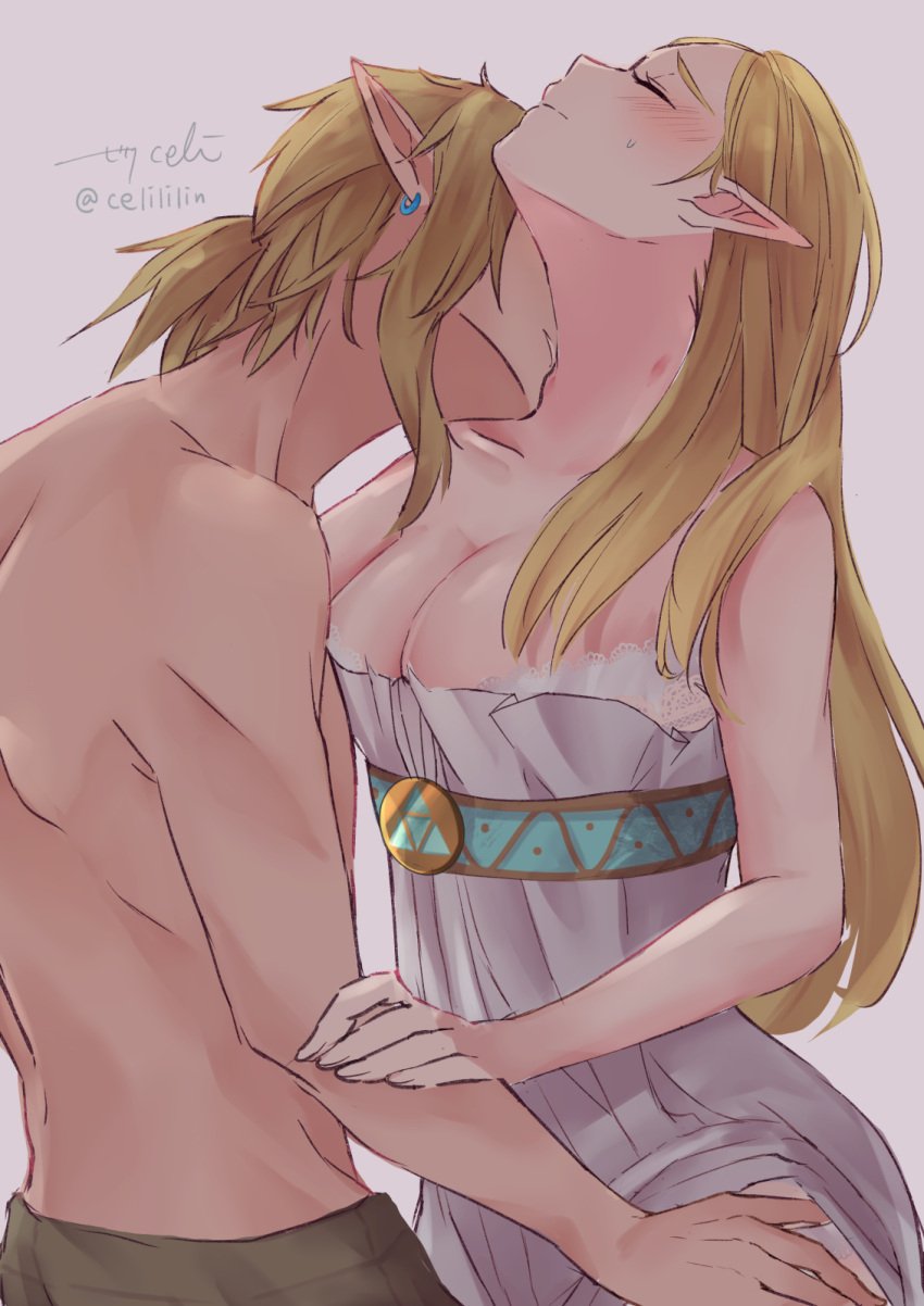 1boy 1boy1girl 1girls artist_name artist_signature blonde_hair blush braided_hair breasts breath_of_the_wild celililin cleavage closed_eyes color deep_cleavage earrings elf_ears full-face_blush fully_clothed grey_background hand_on_another&#039;s_arm hand_on_another&#039;s_hip hickey imminent_kiss kiss_mark lace-trimmed_bra lace-trimmed_panties lace_trim lighting link link_(breath_of_the_wild) link_(tears_of_the_kingdom) long_hair looking_pleasured nervous partially_clothed pointy_ears ponytail princess_zelda romantic shirtless straight sweatdrop tears_of_the_kingdom the_legend_of_zelda tied_hair toned toned_male unseen_male_face watermark white_bra white_dress white_panties wholesome zelda_(breath_of_the_wild)