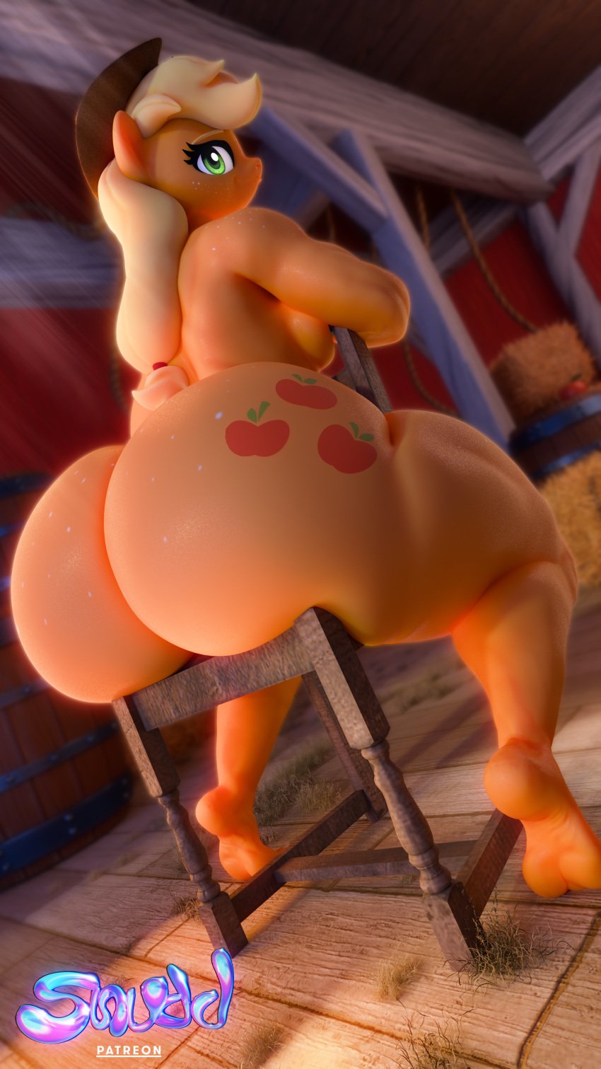 absurd_res anthro applejack_(mlp) ass athletic barn big_ass big_butt conditional_dnp earth_pony equid equine fat_ass feet female friendship_is_magic hasbro hi_res horse huge_filesize inside large_ass mammal my_little_pony nude pony snuddy solo