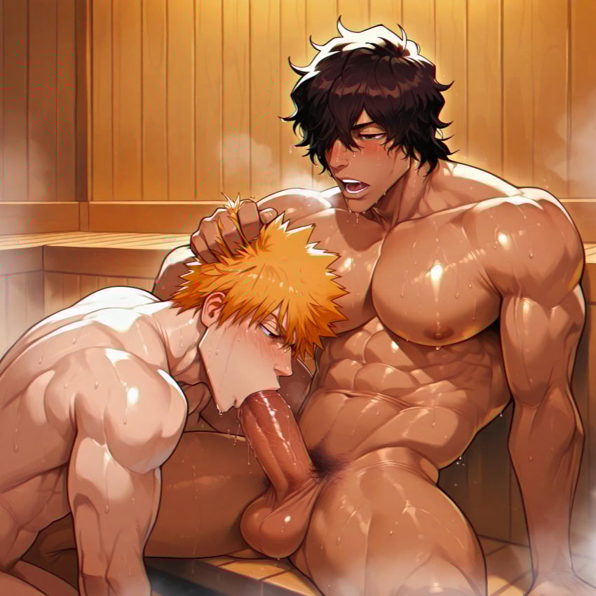 2boys abs ai_generated balls bara baraboys bleach bleach:_the_thousand-year_blood_war blowjob blush brown-skinned_male brown_eyes brown_skin erect_penis erection fellatio hair_over_one_eye ichigo_kurosaki indoors interracial large_penis latino light-skinned_male light_skin male male_only medium_hair muscular muscular_male nude nude_male oral oral_sex orange_hair pecs penis sauna spiky_hair sucking sucking_penis sweat testicles wavy_hair yasutora_sado younger_male