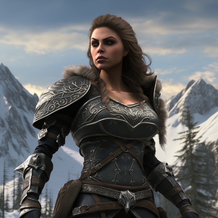 3d 3d_artwork ai_generated big_lips brown_eyes brown_hair cleavage dark-skin dark-skinned_female eyebrows eyeshadow female_focus large_breasts long_hair majorfluffy makeup medieval metal_armor nord red_guard skyrim solo solo_female tagme