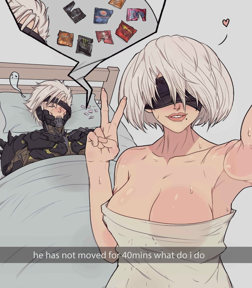 1boy 1boy1girl 1girls after_sex blindfold concerned condom_wrapper couple crossover cyborg drained eyepatch female guy_tired_after_sex_(meme) male meme metal_gear_rising metal_gear_solid mole mole_under_mouth nier nier:_automata nier_(series) peace_sign raiden_(metal_gear) robot robot_humanoid short_hair snapchat sweat sweatdrop towel towel_wrap v white_hair worried yoracrab yorha_2b