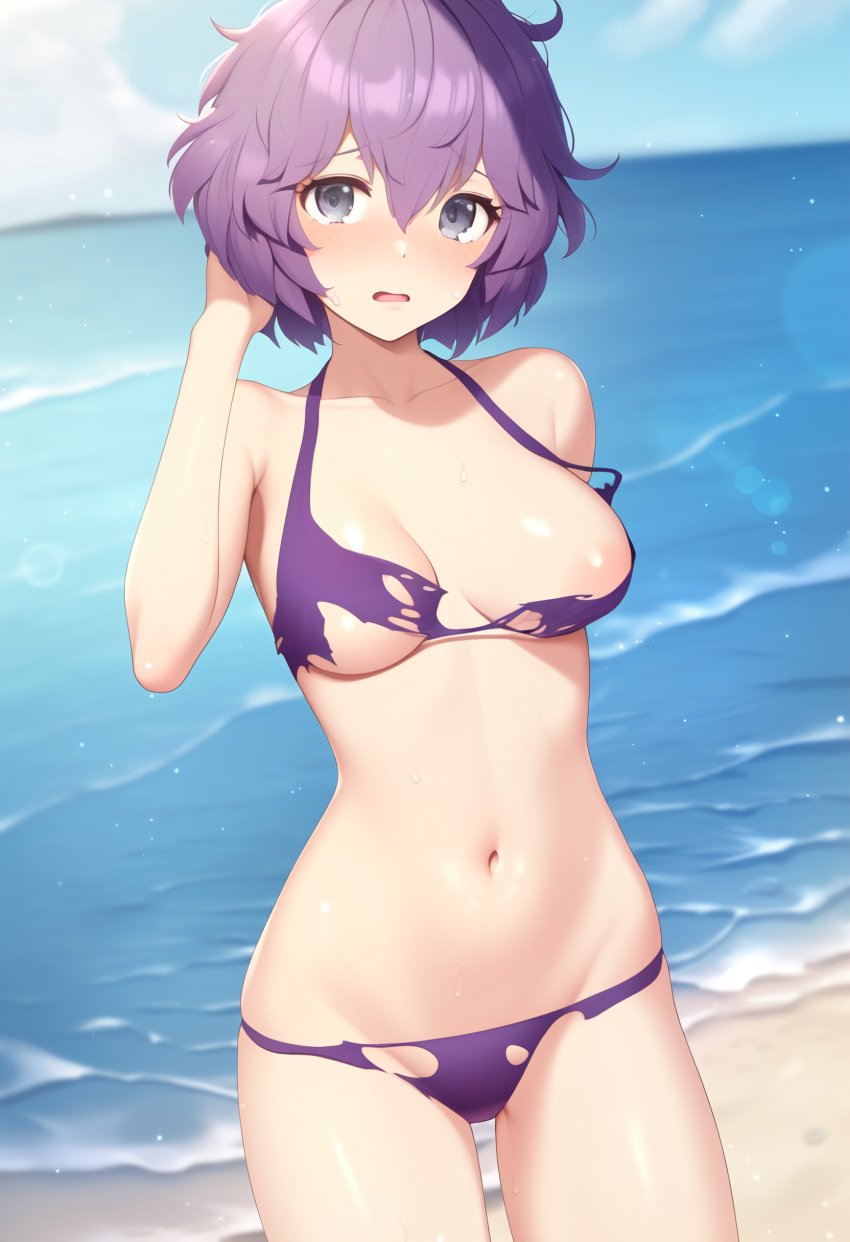 1girls ai_generated areola_slip arm_up ass_visible_through_thighs bangs bare_arms bare_shoulders beach bernadetta_von_varley bikini blue_sky blurry blurry_background blush breasts cleavage cloud collarbone cowboy_shot day dumi dutch_angle embarrassed female female_only fire_emblem fire_emblem:_three_houses grey_eyes groin hair_between_eyes hand_in_own_hair hand_up horizon looking_at_viewer medium_breasts messy_hair nai_diffusion navel nintendo ocean open_mouth outdoors purple_bikini purple_hair sand short_hair sky solo stable_diffusion standing stomach sweat swimsuit tagme tearing_up thighs torn_clothes wardrobe_malfunction water wavy_mouth