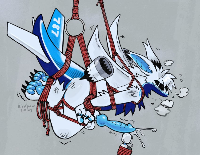 2024 aeromorph aircraft animal_genitalia animal_penis anthro artist_name barbed_canine_penis birdpaw_(artist) black_claws blue_body blue_countershading blue_inner_ear blue_pawpads blue_penis blue_tail bodily_fluids bondage bound breath canine_genitalia canine_penis claws countershading cum dragon ejaculation erection fur furred_dragon furred_scalie genital_fluids genitals grey_background hi_res hybrid_genitalia hybrid_penis knot living_aircraft living_machine living_vehicle machine male multicolored_body multicolored_fur multicolored_tail mythological_creature mythological_scalie mythology orgasm pawpads penile_spines penis pink_pawpads red_rope restraints rope rope_bondage rope_harness scalie sex_toy side_view simple_background solo submissive submissive_anthro submissive_male suspension sweat tail vehicle vibrator wand_vibrator white_ears