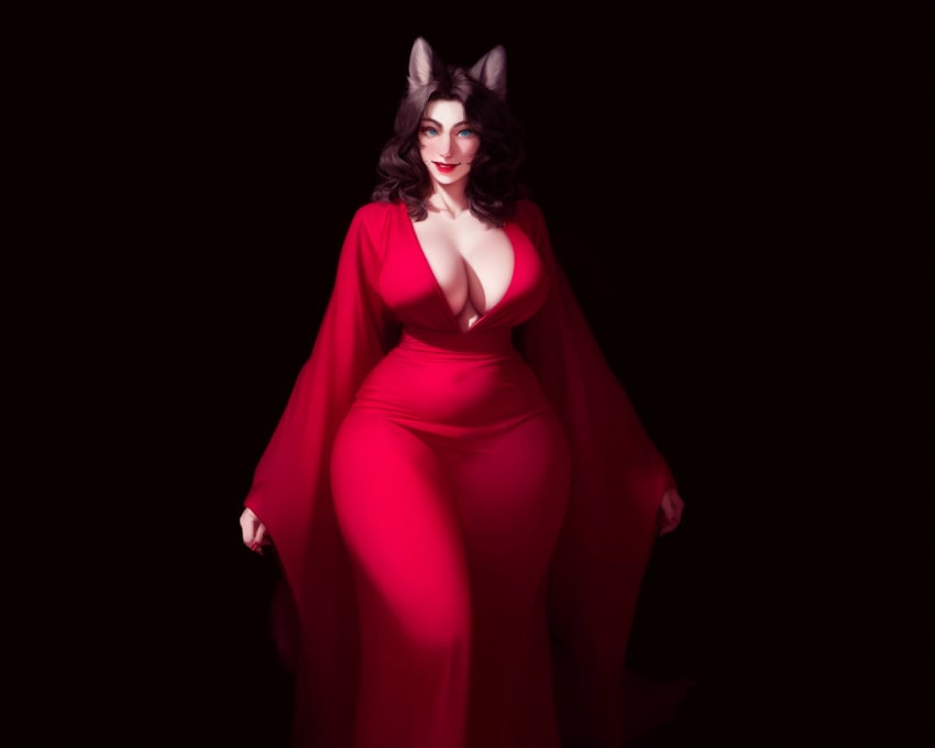 ai_generated animal_ears black_background black_hair blue_eyes female_focus fingernail_polish giant_breasts large_breasts light-skinned_female light_skin long_hair majorfluffy mature_female milf narrow_waist novelai plunging_neckline red_dress red_fingernails red_gown solo solo_female tagme thick_thighs wide_hips wolf_girl