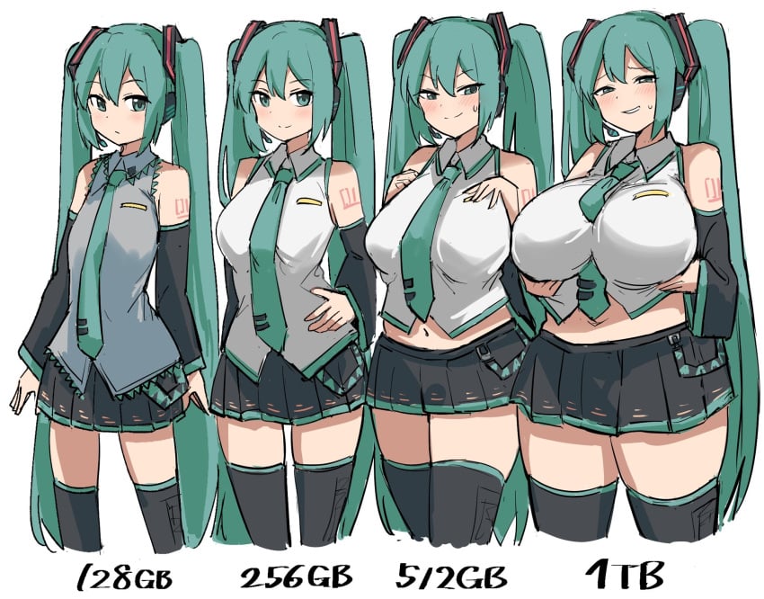 1girls big_breasts blue_hair blue_hair_female blush breast_expansion breasts clothed clothed_female clothes clothing expansion female female_only flat_chest flat_chested fully_clothed fully_clothed_female hatsune_miku huge_breasts light-skinned_female light_skin long_hair necktie pale-skinned_female pale_skin skirt solo tentenchan2525 thick thick_thighs thigh_highs tie twintails vocaloid white_background