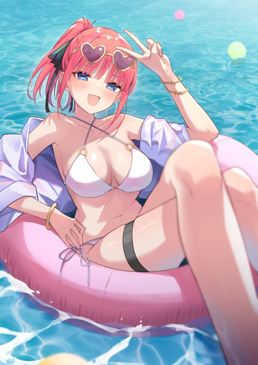 1girls bare_shoulders big_breasts bikini bikini_bottom bikini_top blue_eyes blush bra bracelet bracelets breasts chest cleavage collarbone earrings excited female female_only go-toubun_no_hanayome hair_ribbon half-closed_eyes happy heart-shaped_eyewear highres hoop_earrings innertube jewelry legs legs_crossed light-skinned_female looking_at_viewer nakano_nino navel o-ring off_shoulder open_mouth open_smile panties peace_sign pink_hair profnote red_hair shirt short_hair smile solo sunglasses_on_head swimsuit thigh_strap thin_arms v v_sign waist water white_bikini white_bikini_bottom white_bikini_top white_bra white_panties white_swimsuit