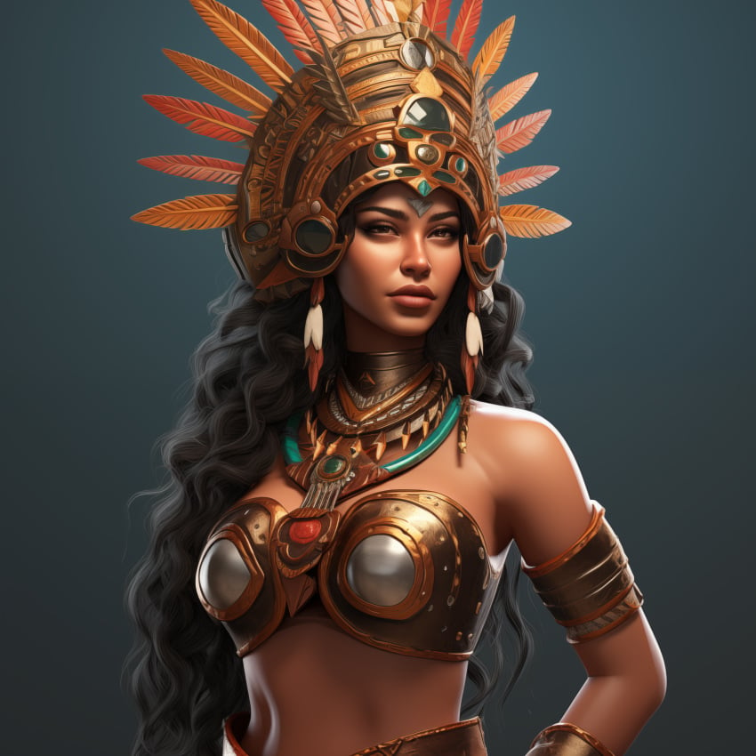 1girls 3d ai_generated big_lips black_hair brown_eyes dark-skinned_female dark_skin exposed_midriff exposed_shoulders female female_focus female_only headdress large_breasts long_hair majorfluffy midriff simple_background solo solo_female tagme tribal_clothing