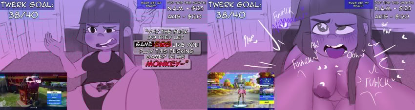 1boy 1boy1girl 1girls 2_panel_comic 2koma bedroom breasts breasts comic controller fortnite glitch_techs indoors naked penetration racial_slur racism racist sex streamer streaming the_n_word twixbartrix underwear