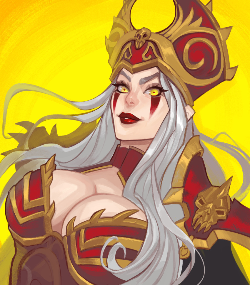 1girls big_breasts bilkaya female looking_at_viewer red_lipstick sally_whitemane warcraft white_hair yellow_eyes