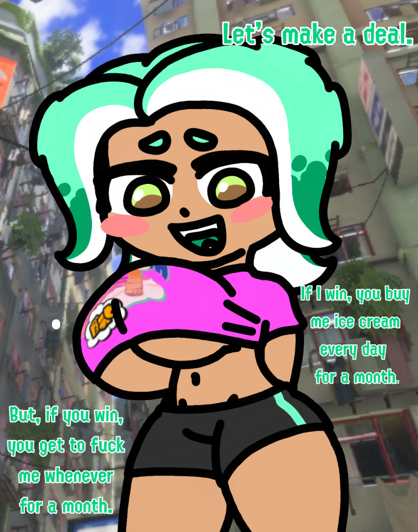 1girls background big_breasts blush blush clothed clothing comic cyan_hair dialog dialogue female green_eyes huge_breasts legokoopa_(artist) octarian octoling octoling_girl shorts splatfest splatoon splatoon_3 summer_nights_splatfest tank_top tank_top_lift tentacle tentacle tentacle_hair thick_thighs topwear underboob