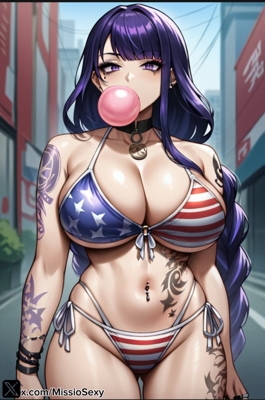 1girls 4th_of_july ai_generated american_flag american_flag_bikini american_flag_legwear big_breasts bikini bikini_top bubble_blowing bubble_gum chewing_gum female female genshin_impact gum gyaru milf miss_io raiden_shogun tattoo tattoo_on_arm