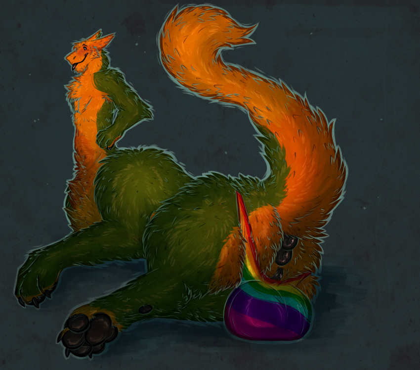 anthro anus ass balls balls_outline bulge clothing detailed_bulge gemini_the_sergal genital_outline genitals hi_res looking_at_viewer male multi_anus multicolored_body multicolored_clothing paws rainbow_clothing raised_tail solo tail tongue tongue_out unknown_artist