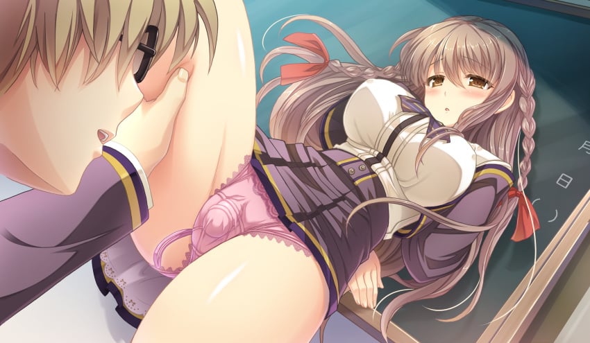 arms_behind_back blush braid breasts brown_hair chalkboard erect_nipples female from_below game_cg glasses high_resolution large_breasts legs long_hair looking_down looking_up open_mouth otome_switch panties pink_panties school_uniform skirt standing thigh_grab thighs underwear vibrator yellow_eyes