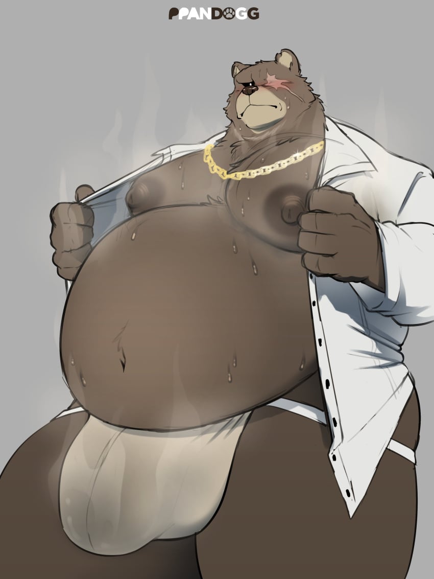 absurd_res anthro bear belly ben_bigger black_sclera blush bodily_fluids brown_body brown_fur bulge chains clothing eye_scar facial_scar fur gold_(metal) gold_chain hi_res jockstrap male male_only mammal mihoyo moobs musk musk_clouds musky_jockstrap musky_underwear navel nipples overweight overweight_anthro overweight_male ppandogg scar shirt solo sweat sweaty_belly topwear unbuttoned_shirt underwear zenless_zone_zero