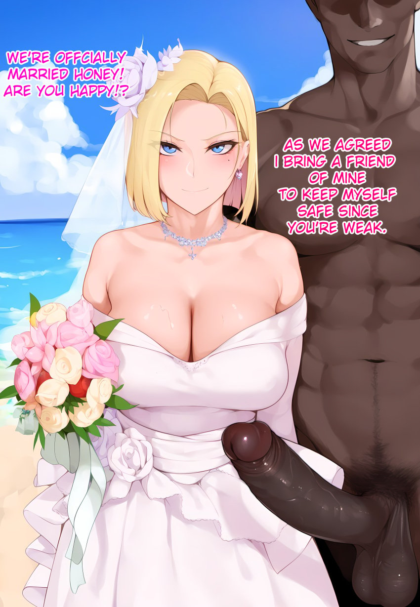 ! !? 1boy 1girls abs ai_generated android_18 balls beach beach_background belly_button big_balls big_cock big_penis black_cock black_guy black_male black_man black_penis blonde_hair blue_eyes blue_eyes_female blue_sky blue_sky_background caption cheating cheating_on_wedding_day cleavage cloud clouds cloudy_sky cuckold cuckold_pov dark-skinned_male dark_skin dragon_ball dragon_ball_super dragon_ball_z dress earring earrings english english_text erect_penis erection eyelashes eyeless eyeless_male female flower flower_in_hair flower_on_head flowers flowers_in_hair flowers_on_head huge_cock huge_penis imminent_sex interracial large_cock large_penis male_pov mole mole_under_eye muscle muscles muscular muscular_male necklace netorare ntr open_smile pov pov_male raceplay sky smile smile_at_viewer smiley_face text wedding_band wedding_dress wedding_veil white_dress