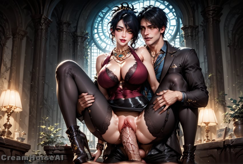 age_origins ai_generated big_ass big_balls big_breasts big_penis creamhorseai dragon_age_inquisition fellatio hi_res high_resolution highres huge_breasts huge_cock leg_grab leg_up lifted morrigan_(dragon_age) perfect_body standing_sex upright_straddle