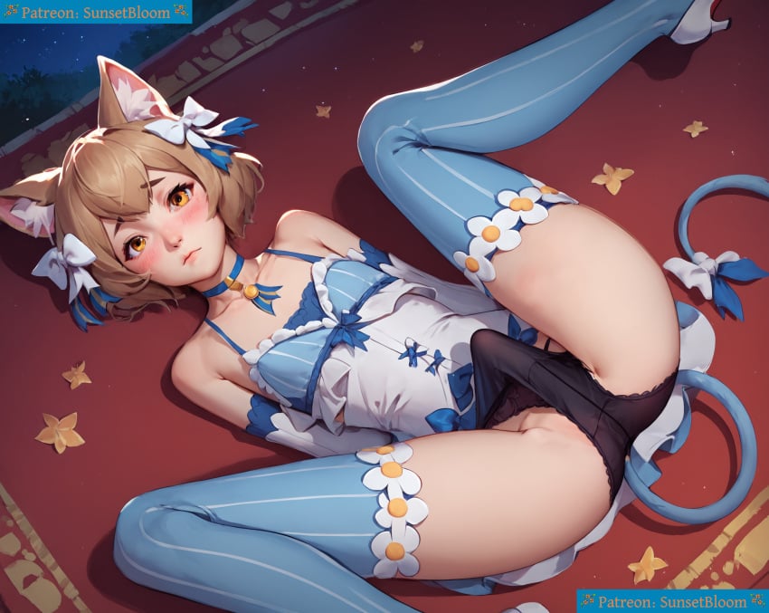 1boy ai_assisted ai_generated ai_generated_background amber_eyes blush cat_ears collar felix_argyle femboy femboy_only flat_chest flat_chested lying penis penis_under_clothes re:zero_kara_hajimeru_isekai_seikatsu spread_legs sunsetbloom tail yellow_hair