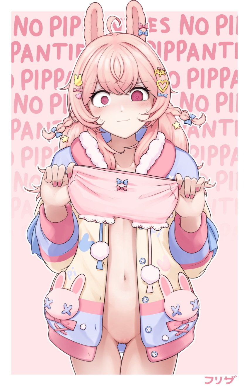 belly_button bottomless efreezerarts going_commando hair_ornament holding_panties jacket_only jacket_open looking_at_viewer no_panties phase_connect pink_hair pipkin_pippa rabbit_ears sweating swirly_eyes text uncensored virtual_youtuber vtuber