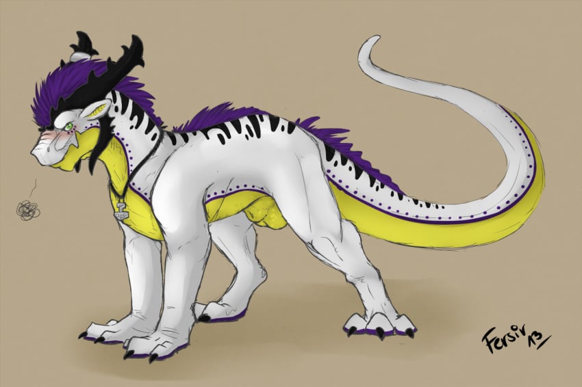 1boy 2013 all_fours angry antlers blush claws cute dragon feral fersir fur horn looking_at_viewer male male_only markings mohawk muscles nude paws purple_fur scalie sheath shy sketch solo spread_legs spreading standing thick_tail