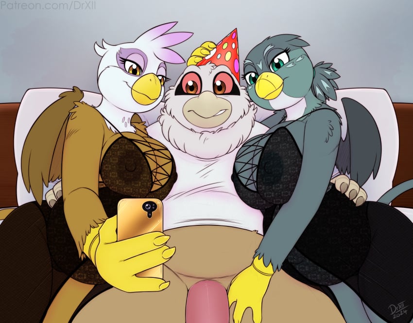 anthro avian beak bed bedroom belly big_belly big_breasts breasts clothed clothing digital_media_(artwork) drxii feathered_wings feathers female friendship_is_magic fur furniture gabby_(mlp) genitals gilda_(mlp) group gryphon hair hasbro huge_breasts lingerie male my_little_pony mythological_avian mythological_creature mythology nipples partially_clothed penis pregnant pregnant_anthro pregnant_female simple_background smile tail topwear trio wings