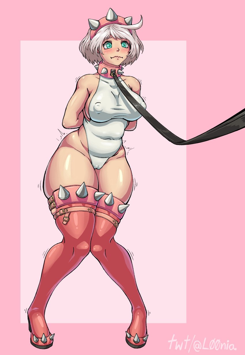 1girls belly big_breasts blue_eyes bondage collar elphelt_valentine guilty_gear headband headwear leash legs legwear leotard lonya slightly_chubby spiked_collar spikes thick_thighs thighhighs white_hair wide_hips