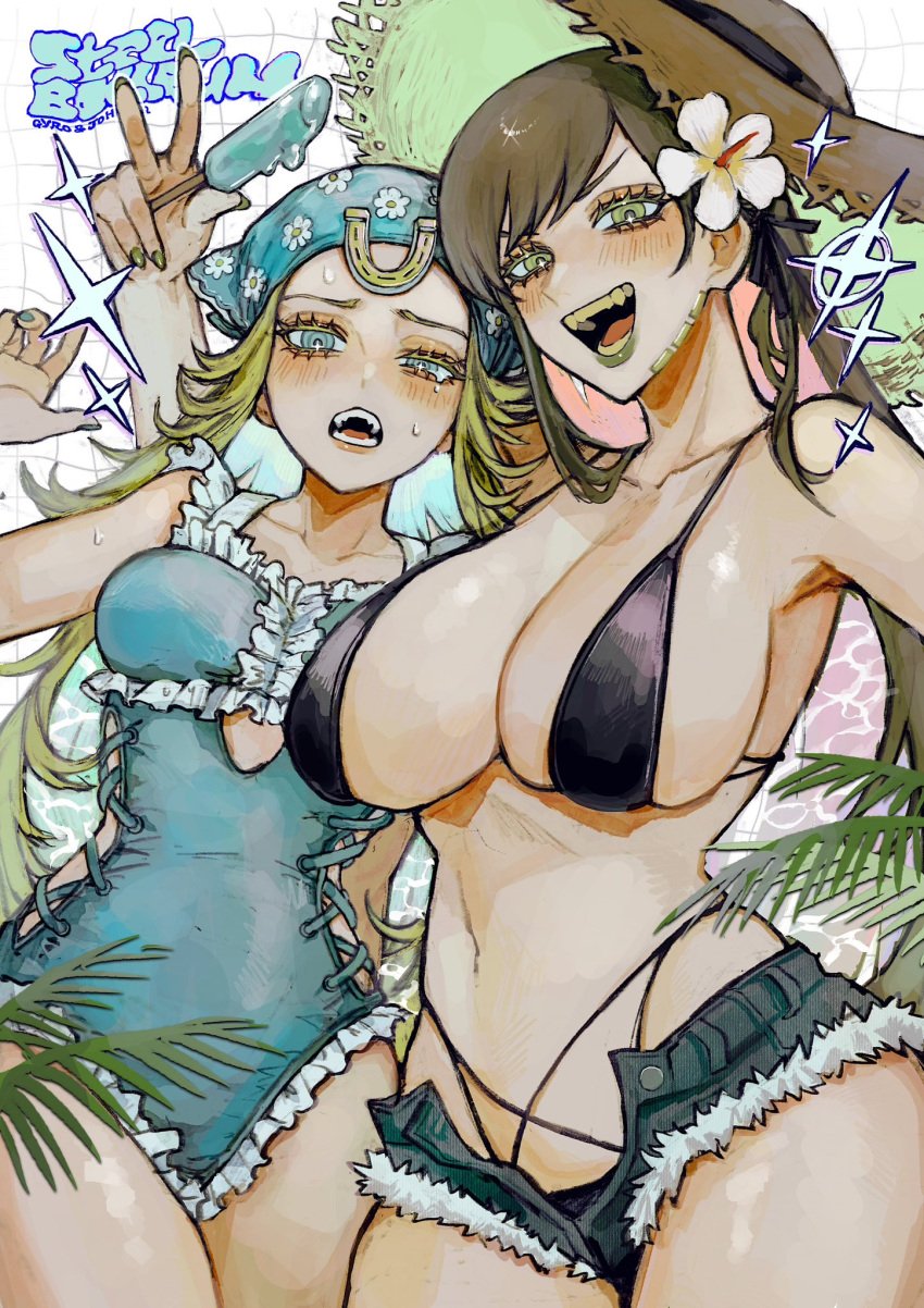 2girls age_difference beanie big_breasts blonde_hair blue_eyes blue_nails breast_size_difference brown_hair clothed cowboy_hat denim_shorts fangs flower_in_hair frilled_leotard frills gold_tooth green_eyes gyro_zeppeli half-closed_eyes hat johnny_joestar jojo's_bizarre_adventure leotard long_hair medium_breasts medium_hair melting_popsicle micro_bikini neg_50asu open_mouth overalls popsicle rule_63 simple_background steel_ball_run straw_hat thong unzipped unzipped_shorts v_sign younger_female