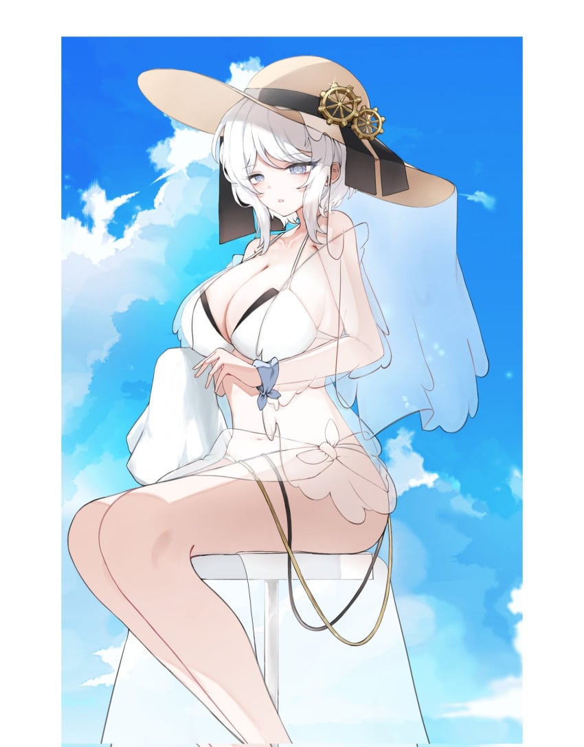 1girls big_breasts bikini blue_eyes bra clothing cloud clouds cog cogs faust_(limbus_company) female gear gears hat limbus_company looking_at_viewer pale-skinned_female pale_skin project_moon short_hair sitting stool white_hair