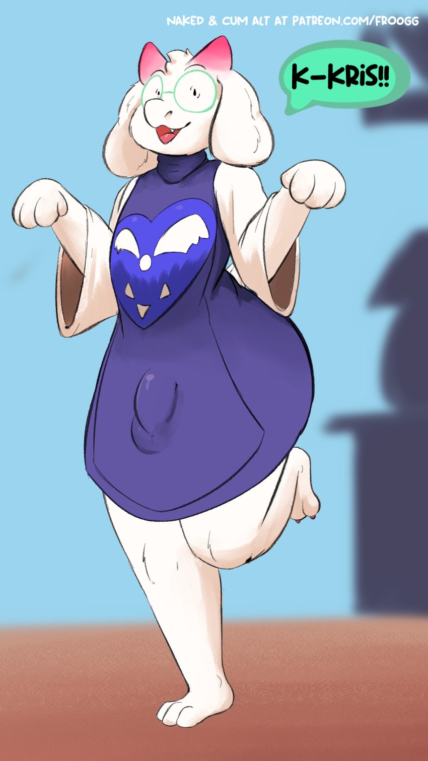 9:16 alternate_version_at_source anthro ass big_butt big_penis biped bovid bulge caprine clothed clothing crossdressing deltarune femboy flaccid froogg genitals goat hi_res male male_only mammal penis pink_horns ralsei solo suprised_look toriel_(cosplay) undertale_(series)