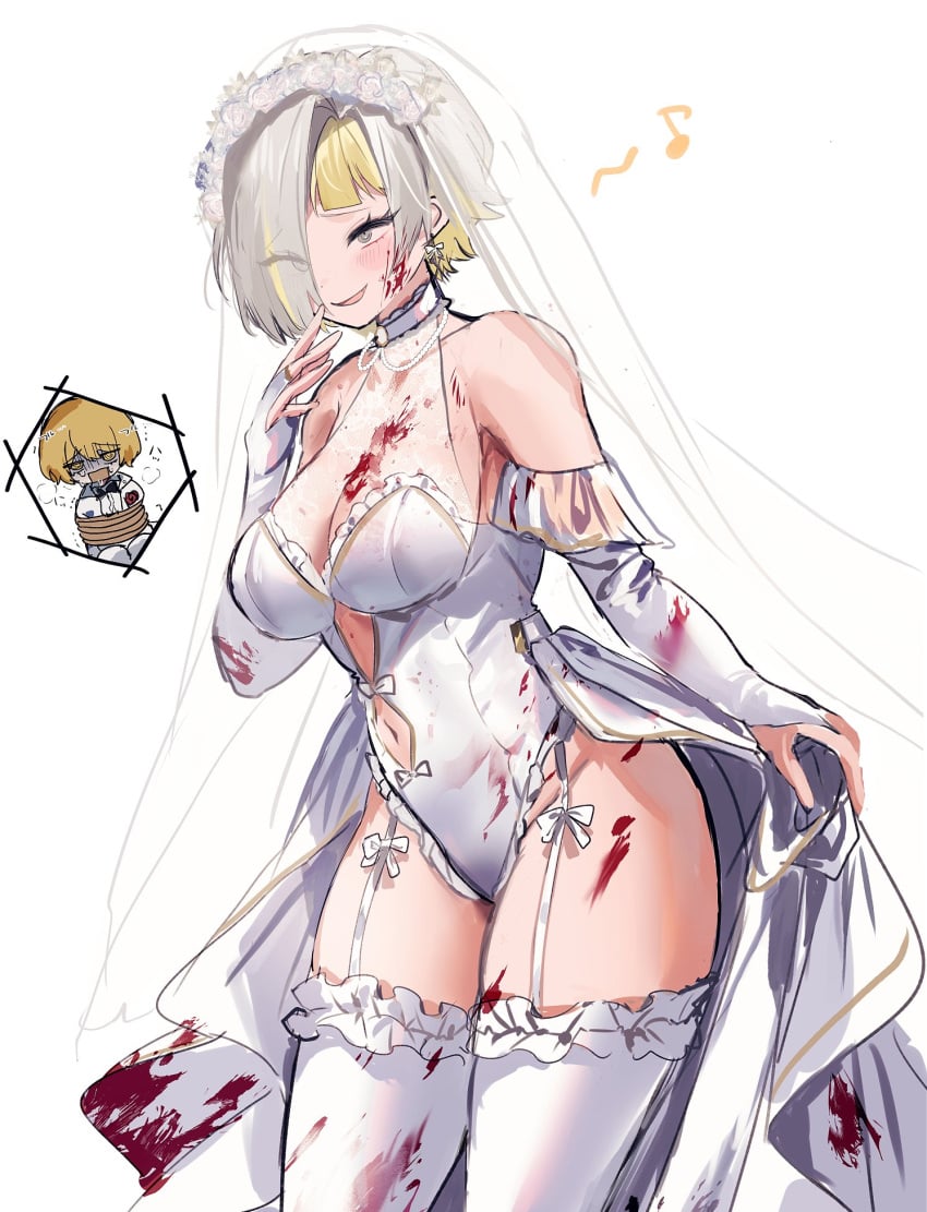 1boy 1girls big_breasts blood blush cleavage clothing female kromer_(limbus_company) limbus_company male project_moon restrained sinclair_(limbus_company) smile stockings thick_thighs tied_up wedding_dress