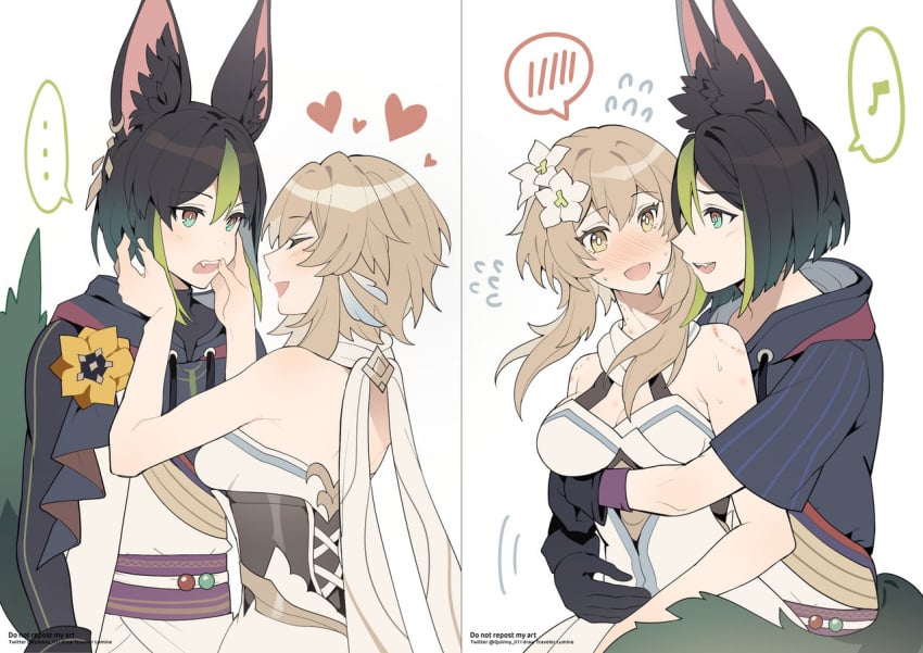 1boy 1girls arms_around_partner bite_mark bite_mark_on_neck bite_mark_on_shoulder blonde_hair blush fangs female flower_in_hair flustered fox_boy fox_ears fox_tail genshin_impact green_hair happy heart hugging hugging_from_behind lumine_(genshin_impact) male male/female quinny_il romantic sharp_fangs straight tail tighnari_(genshin_impact)