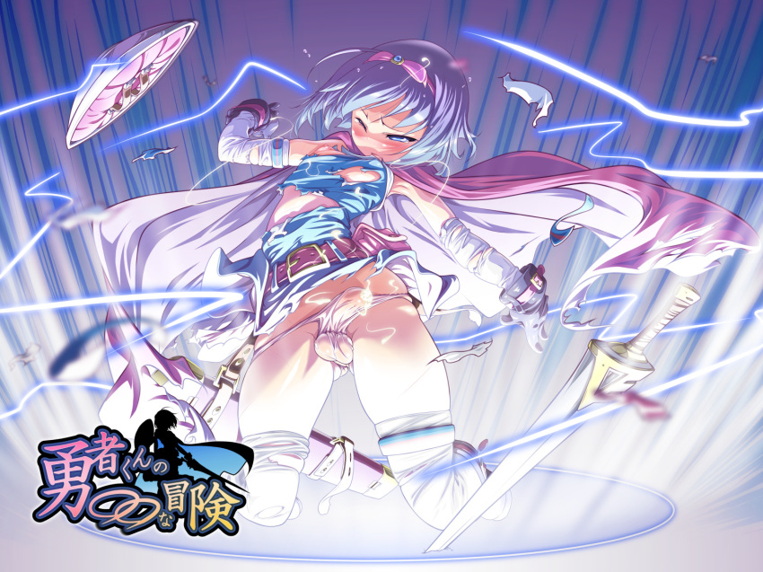 belt blue_eyes blue_hair bow bulge cape cum ejaculation electricity gloves hairbow highres nipples original panties sakyuuan sheath shield sword thighhighs torn_clothes trap underwear weapon wink