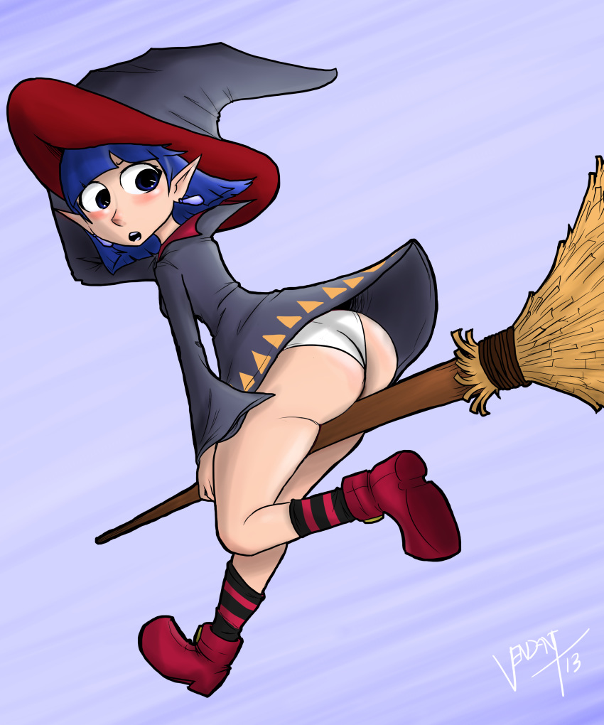 1girls 2013 a_link_between_worlds ass blue_hair blush broomstick irene_(the_legend_of_zelda) panties the_legend_of_zelda upskirt vendant white_panties witch witch_hat