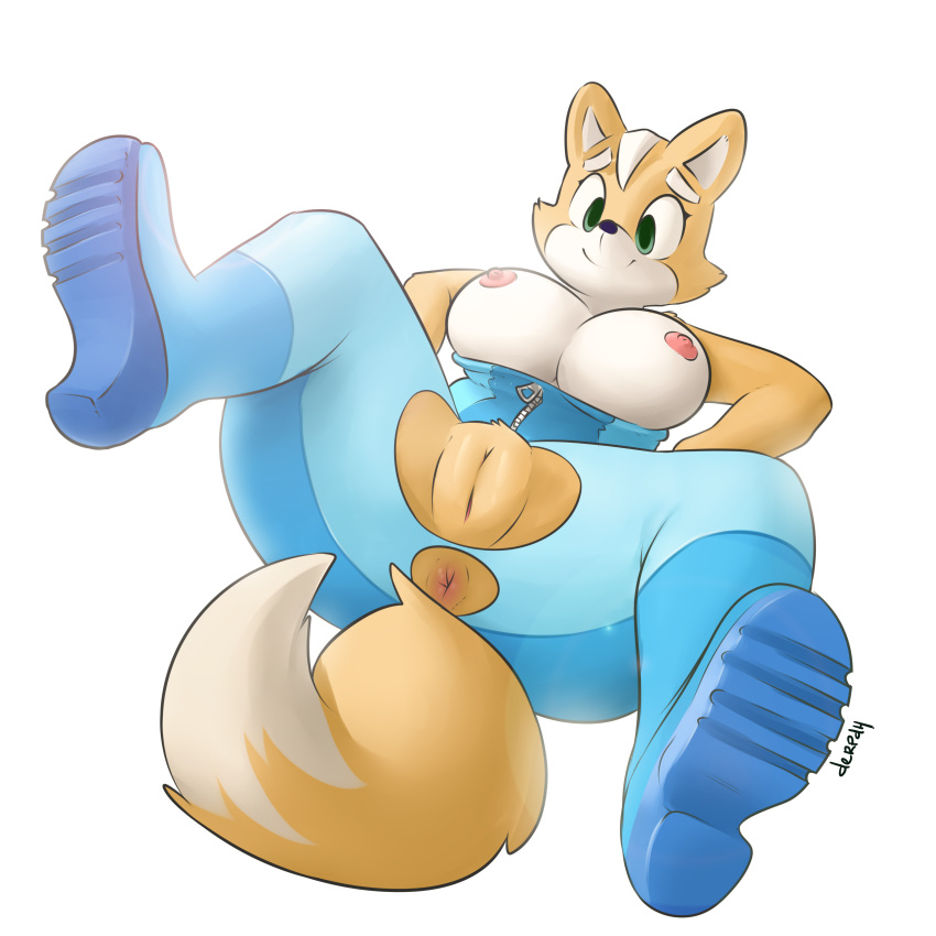anthro anthrofied anus areola canine cosplay derpah female fox fox_mccloud green_eyes lying mammal nintendo nipples on_back plain_background pussy rule_63 signature smile solo spread_legs spreading star_fox torn_clothes video_games white_background zero_suit zero_suit_fox zipper
